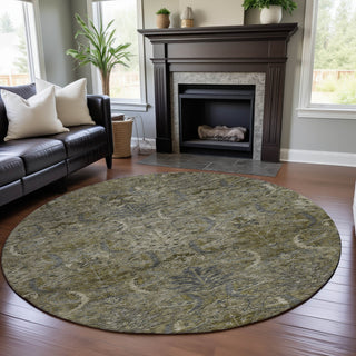 Piper Looms Mayfield Damask AMF1082 Taupe Machine Washable Area Rug Round Lifestyle Image Feature