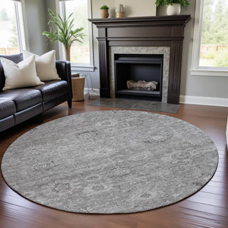 Piper Looms Mayfield Damask AMF1089 Gray Machine Washable Area Rug Round Lifestyle Image Feature