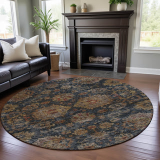 Piper Looms Mayfield Damask AMF1094 Navy Machine Washable Area Rug Round Lifestyle Image Feature