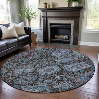 Piper Looms Mayfield Damask AMF1101 Chocolate Machine Washable Area Rug Round Lifestyle Image Feature