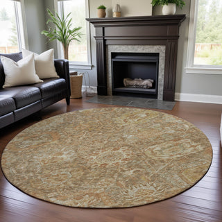 Piper Looms Mayfield Damask AMF1101 Khaki Machine Washable Area Rug Round Lifestyle Image Feature