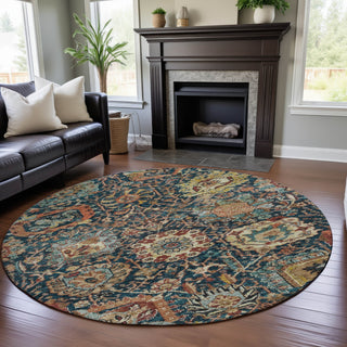 Piper Looms Mayfield Damask AMF1101 Navy Machine Washable Area Rug Round Lifestyle Image Feature