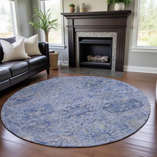 Piper Looms Mayfield Damask AMF1102 Sky Machine Washable Area Rug Round Lifestyle Image Feature