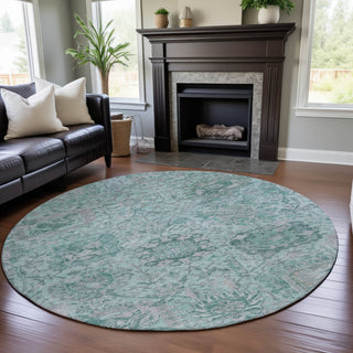 Piper Looms Mayfield Damask AMF1102 Teal Machine Washable Area Rug Round Lifestyle Image Feature