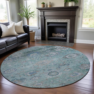 Piper Looms Mayfield Global AMF1107 Seafoam Machine Washable Area Rug Round Lifestyle Image Feature