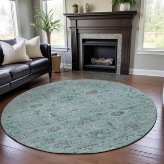 Piper Looms Mayfield Damask AMF1110 Teal Machine Washable Area Rug Round Lifestyle Image Feature