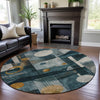 Piper Looms Mayfield Contemporary AMF1126 Teal Machine Washable Area Rug Round Lifestyle Image Feature