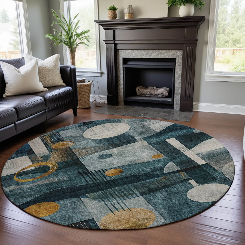 Piper Looms Mayfield Contemporary AMF1126 Teal Machine Washable Area Rug Round Lifestyle Image Feature