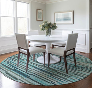 Piper Looms Mayfield Stripes Bars and Horizontal Lines AMF114 Turquoise Machine Washable Area Rug Round Lifestyle Image Feature