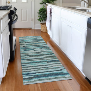 Piper Looms Mayfield Stripes Bars and Horizontal Lines AMF114 Turquoise Machine Washable Area Rug Runner Lifestyle Image Feature
