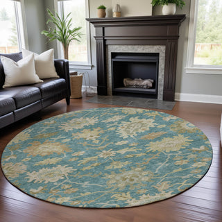 Piper Looms Mayfield Global AMF1150 Teal Machine Washable Area Rug Round Lifestyle Image Feature