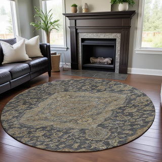 Piper Looms Mayfield Global AMF1151 Charcoal Machine Washable Area Rug Round Lifestyle Image Feature