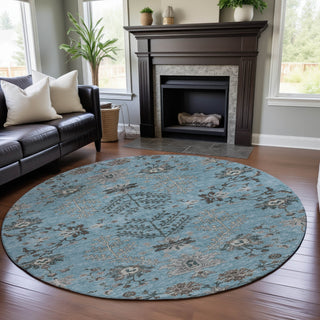 Piper Looms Mayfield Floral AMF1156 Sky Machine Washable Area Rug Round Lifestyle Image Feature