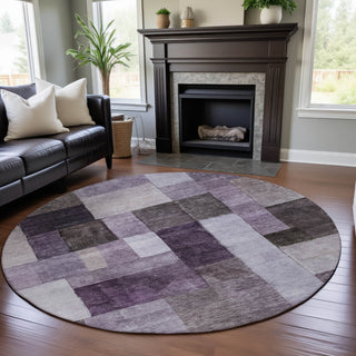 Piper Looms Mayfield Squares AMF1190 Eggplant Machine Washable Area Rug Round Lifestyle Image Feature