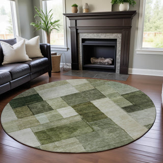 Piper Looms Mayfield Squares AMF1190 Sage Machine Washable Area Rug Round Lifestyle Image Feature
