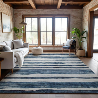 Piper Looms Mayfield Stripes AMF1191 Denim Machine Washable Area Rug Lifestyle Image Feature