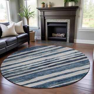 Piper Looms Mayfield Stripes AMF1191 Denim Machine Washable Area Rug Round Lifestyle Image Feature