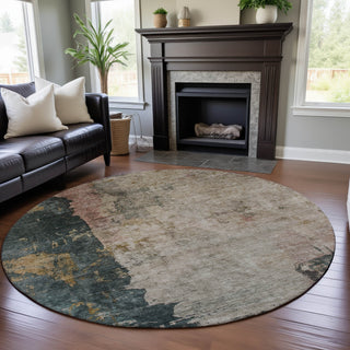 Piper Looms Mayfield Abstract AMF1207 Taupe Machine Washable Area Rug Round Lifestyle Image Feature
