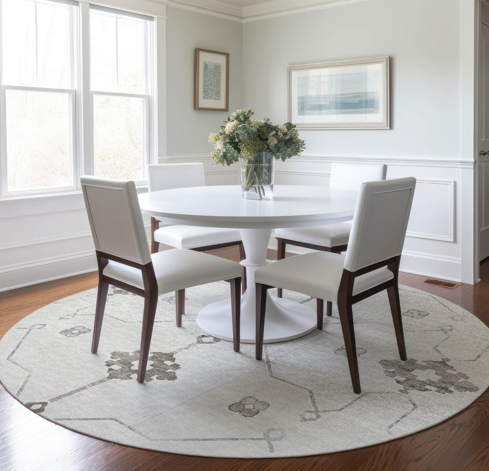 Piper Looms Mayfield Ornate: Open Field AMF122 Taupe Machine Washable Area Rug Round Lifestyle Image Feature