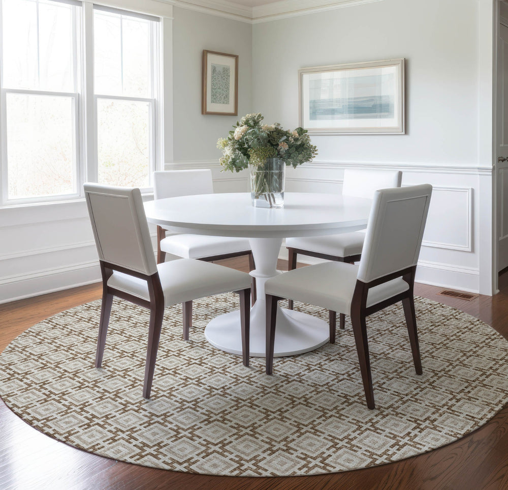 Piper Looms Mayfield Modern Squares AMF139 Taupe Machine Washable Area Rug Round Lifestyle Image Feature