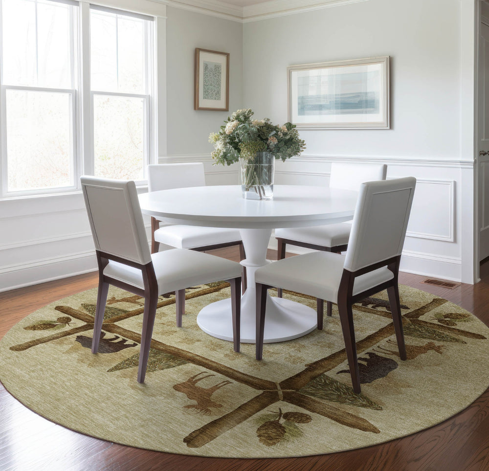 Piper Looms Mayfield Pinecones AMF142 Khaki Machine Washable Area Rug Round Lifestyle Image Feature
