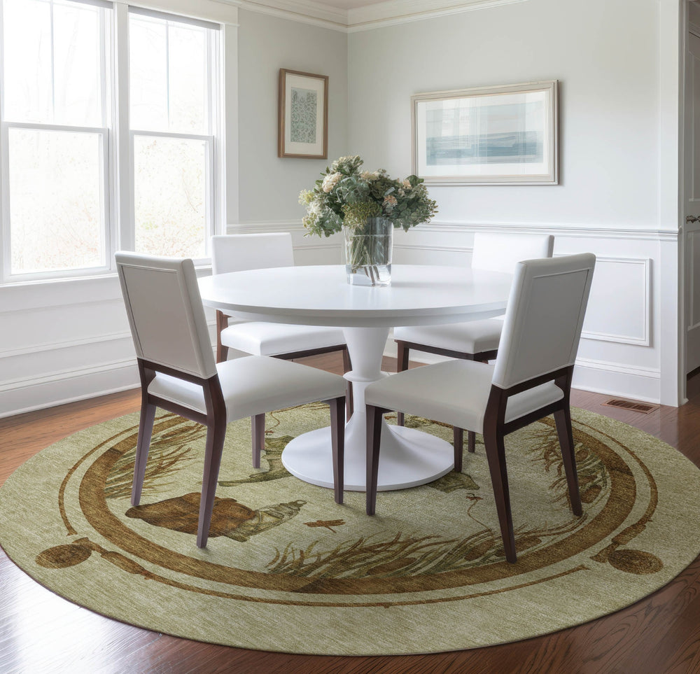 Piper Looms Mayfield Fish AMF145 Khaki Machine Washable Area Rug Round Lifestyle Image Feature