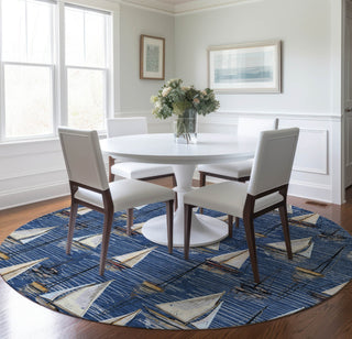 Piper Looms Mayfield Sailboat AMF153 Navy Machine Washable Area Rug Round Lifestyle Image Feature