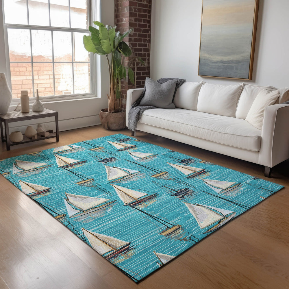 Piper Looms Mayfield Sailboat AMF153 Teal Machine Washable Area Rug Lifestyle Image Feature