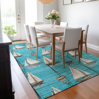 Piper Looms Mayfield Sailboat AMF153 Teal Machine Washable Area Rug Lifestyle Image Feature