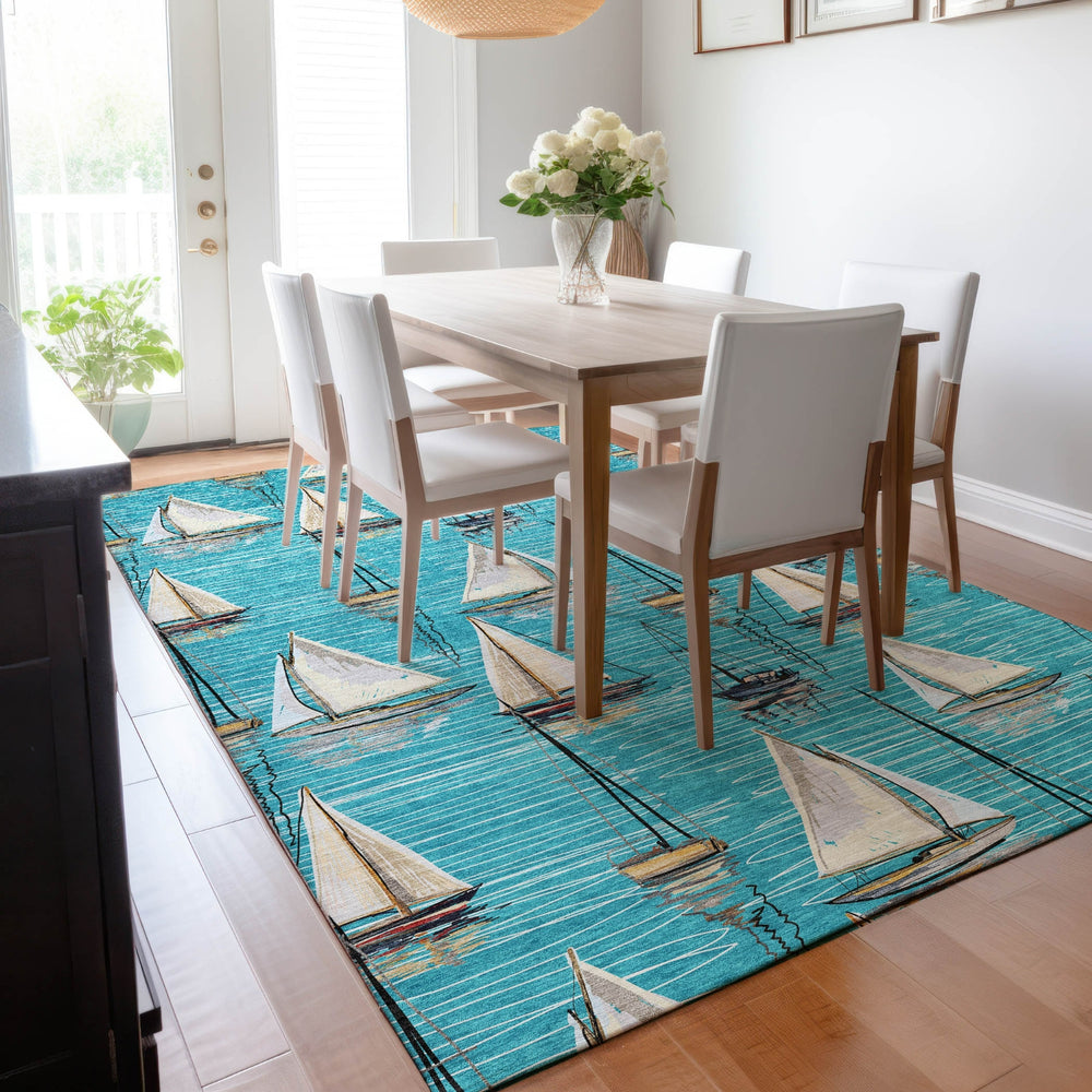 Piper Looms Mayfield Sailboat AMF153 Teal Machine Washable Area Rug Lifestyle Image Feature