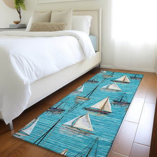 Piper Looms Mayfield Sailboat AMF153 Teal Machine Washable Area Rug Runner Lifestyle Image Feature