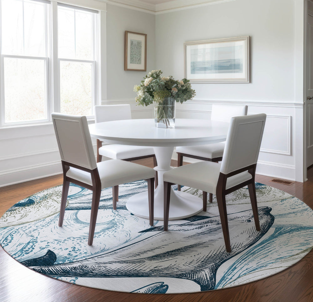 Piper Looms Mayfield Dolphin AMF155 Ivory Machine Washable Area Rug Round Lifestyle Image Feature