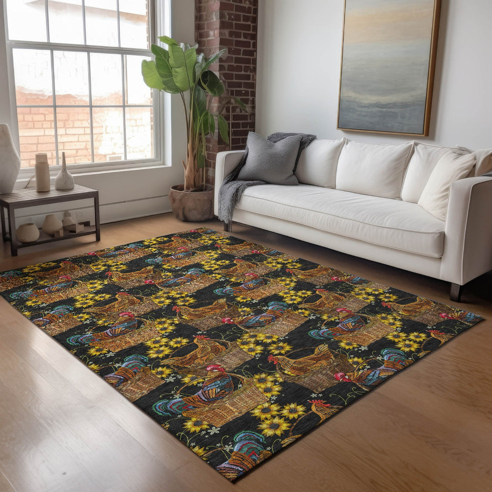 Piper Looms Mayfield Rooster In Basket AMF157 Midnight Machine Washable Area Rug Lifestyle Image Feature