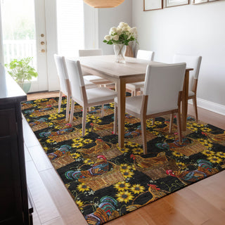 Piper Looms Mayfield Rooster In Basket AMF157 Midnight Machine Washable Area Rug Lifestyle Image Feature
