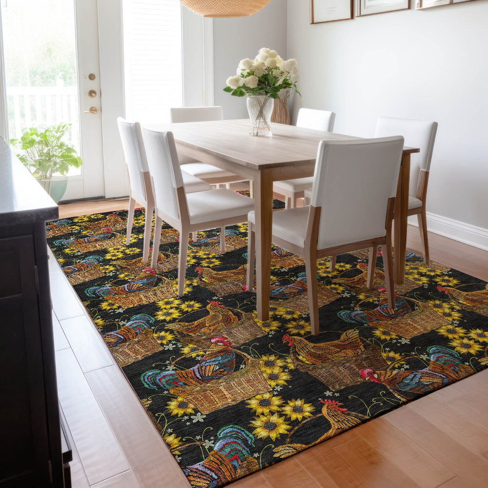 Piper Looms Mayfield Rooster In Basket AMF157 Midnight Machine Washable Area Rug Lifestyle Image Feature