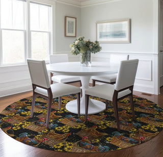 Piper Looms Mayfield Rooster In Basket AMF157 Midnight Machine Washable Area Rug Round Lifestyle Image Feature