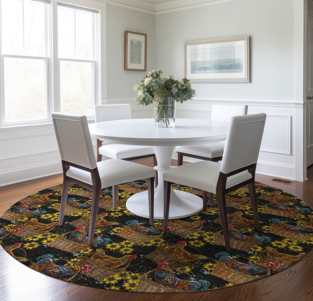 Piper Looms Mayfield Rooster In Basket AMF157 Midnight Machine Washable Area Rug Round Lifestyle Image Feature