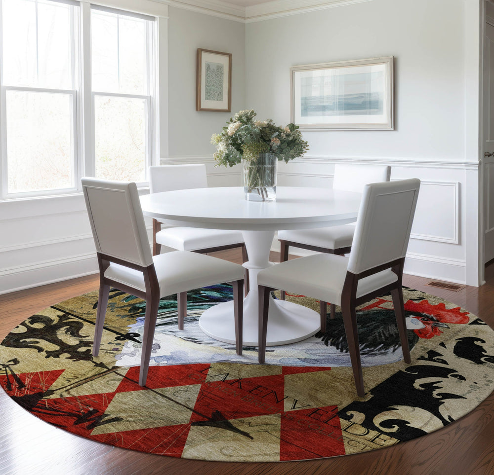 Piper Looms Mayfield Rooster Diamond AMF158 Midnight Machine Washable Area Rug Round Lifestyle Image Feature