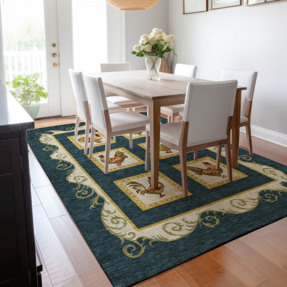 Piper Looms Mayfield Rooster Panel AMF159 Midnight Machine Washable Area Rug Lifestyle Image Feature