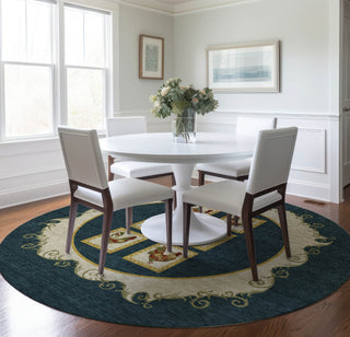 Piper Looms Mayfield Rooster Panel AMF159 Midnight Machine Washable Area Rug Round Lifestyle Image Feature