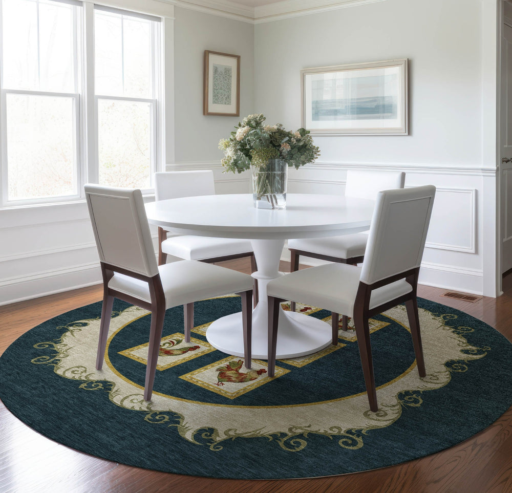 Piper Looms Mayfield Rooster Panel AMF159 Midnight Machine Washable Area Rug Round Lifestyle Image Feature