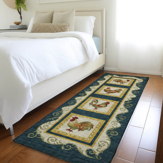Piper Looms Mayfield Rooster Panel AMF159 Midnight Machine Washable Area Rug Runner Lifestyle Image Feature