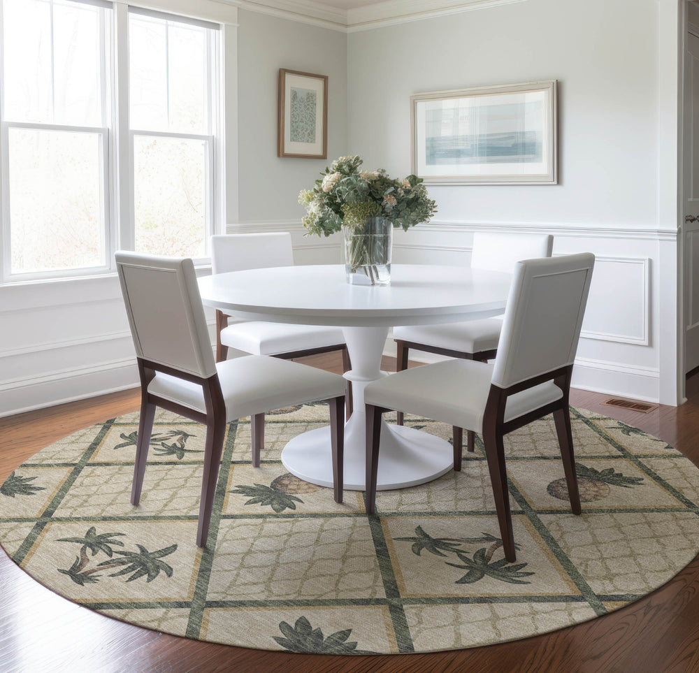 Piper Looms Mayfield Bamboo and Pineapples AMF162 Palm Machine Washable Area Rug Round Lifestyle Image Feature