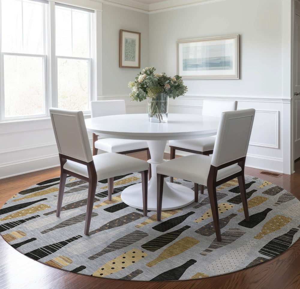 Piper Looms Mayfield Wine Bottles AMF167 Gray Machine Washable Area Rug Round Lifestyle Image Feature