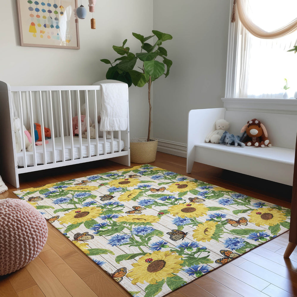 Piper Looms Mayfield Sunflowers and Butterfiles AMF171 Yellow Machine Washable Area Rug Lifestyle Image Feature