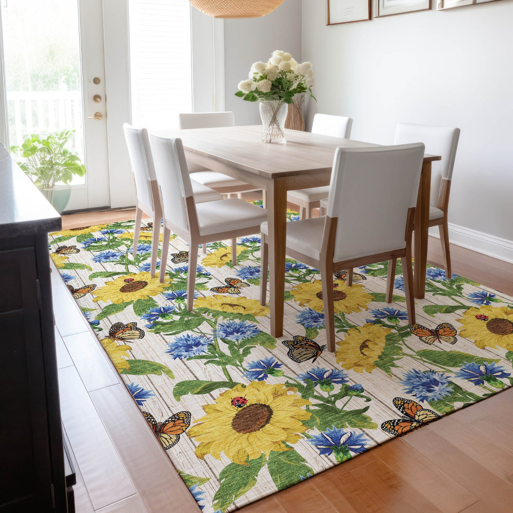 Piper Looms Mayfield Sunflowers and Butterfiles AMF171 Yellow Machine Washable Area Rug Lifestyle Image Feature