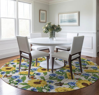 Piper Looms Mayfield Sunflowers and Butterfiles AMF171 Yellow Machine Washable Area Rug Round Lifestyle Image Feature
