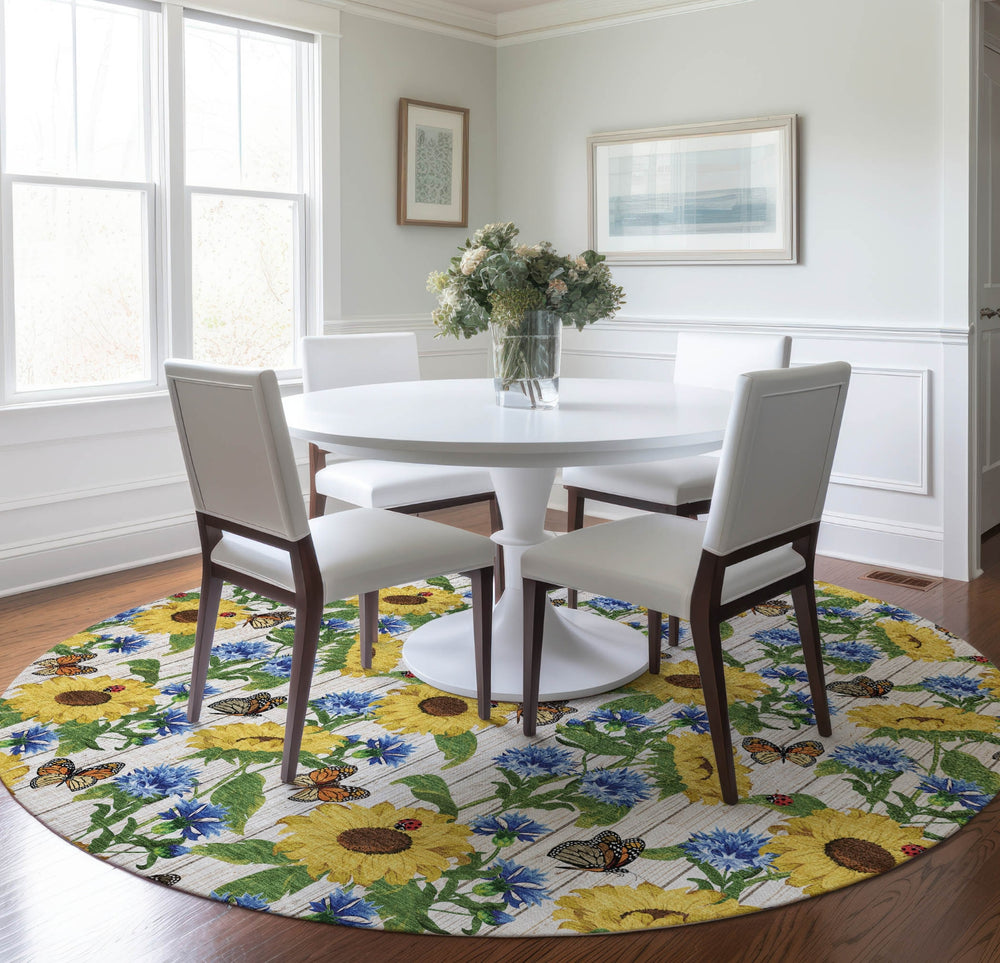 Piper Looms Mayfield Sunflowers and Butterfiles AMF171 Yellow Machine Washable Area Rug Round Lifestyle Image Feature