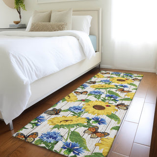 Piper Looms Mayfield Sunflowers and Butterfiles AMF171 Yellow Machine Washable Area Rug Runner Lifestyle Image Feature
