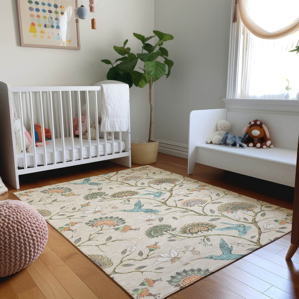 Piper Looms Mayfield Hummingbirds AMF174 Beige Machine Washable Area Rug Lifestyle Image Feature